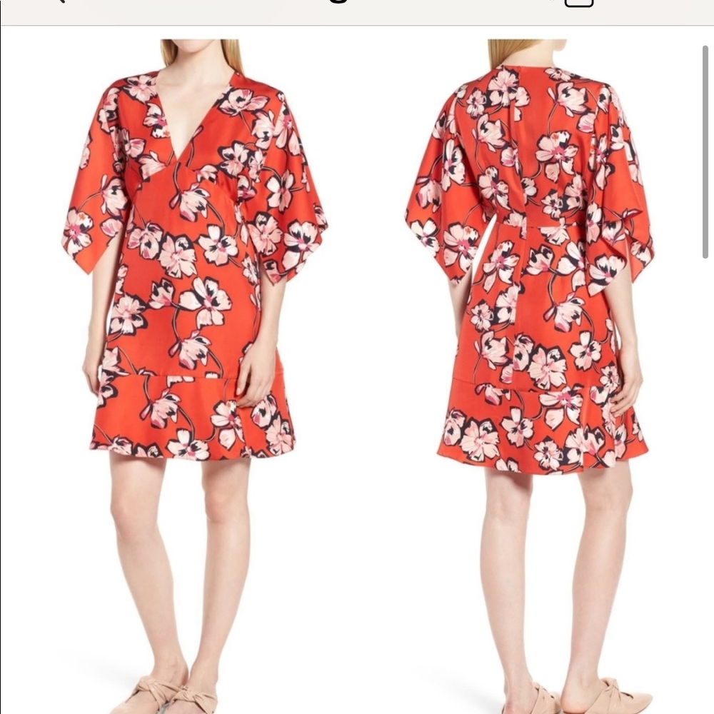 Lewit red silk floral kimono sleeve dress size 6